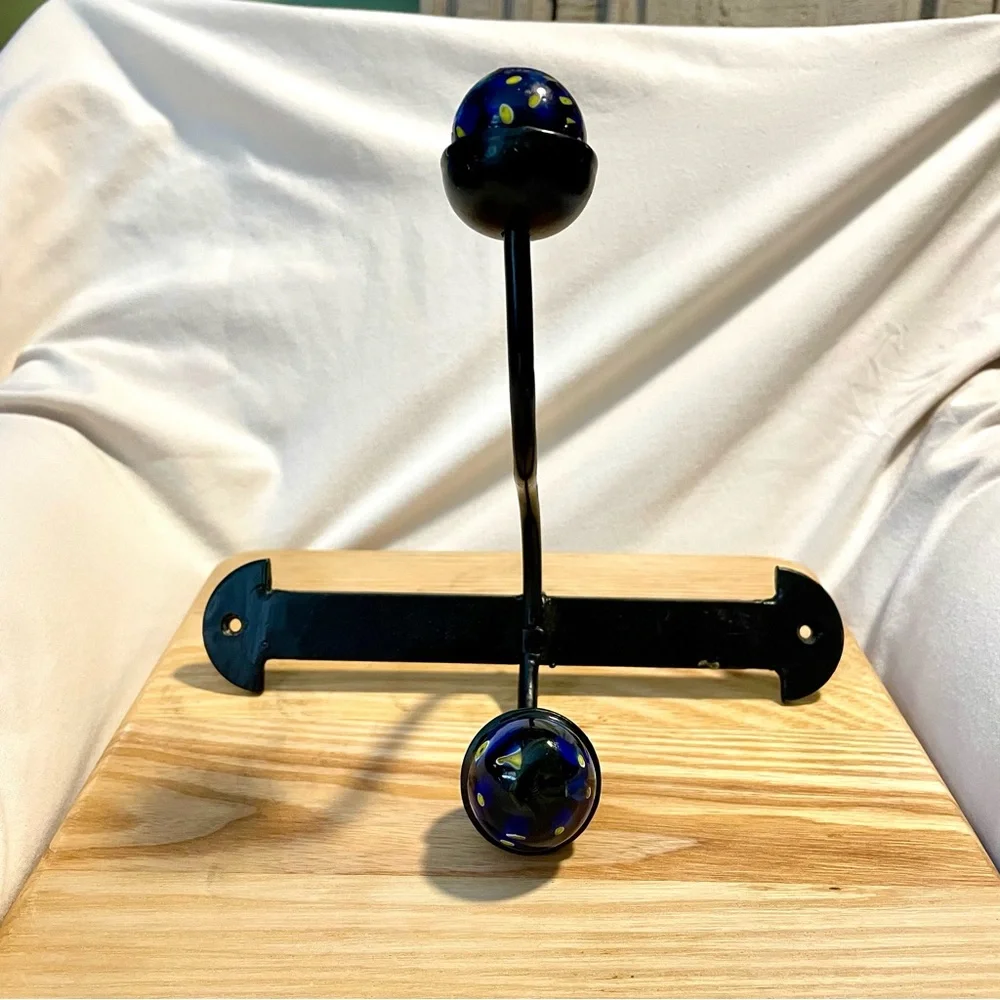 *EUC* Unique Cast Iron Double Wall Hook - (2) Cobalt Blue/Yellow Ceramic Balls